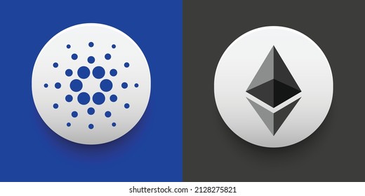 Set of Cardano (ADA) and Ethereum (ETH) Crypto currency logo and symbol icons vector template. Can be used as stickers, badges, buttons and emblems for virtual digital money technology concepts.