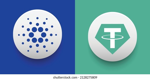 Set of Cardano (ADA) and Tether (USDT) Crypto currency logo and symbol icons vector template. Can be used as stickers, badges, buttons and emblems for virtual digital money technology concepts.