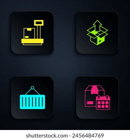 Set Cardboard box with calendar, Scale cardboard, Container on crane and Unboxing. Black square button. Vector