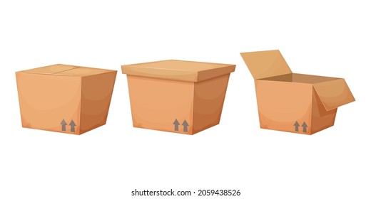 Set cardboard box in cartoon style isolated on white background. Collection gift, surprise or deliver. Transportation parcel, package paper box, package service,