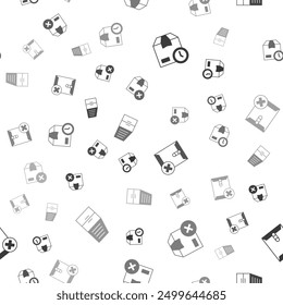 Set Cardboard box with clock, Carton cardboard, Delete envelope and Container on seamless pattern. Vector