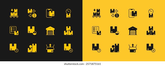 Set Cardboard box with clock, Carton cardboard, Warehouse, Unboxing, Document tracking marker, boxes pallet and Tax icon. Vector