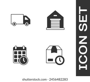 Set Caja de cartón con reloj, camión de carga de entrega, calendario e icono de almacén. Vector