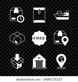 Fijar la caja de cartón con reloj, sobre, envío de cajas de carga, cartón de cartón, almacén, ubicación y etiqueta de arroz Icono Libre. Vector