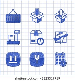 Set Cardboard box with clock, Fragile broken glass, calendar, Plane and cardboard, This side up, Scale, Unboxing and Container on crane icon. Vector