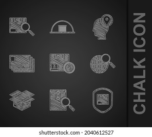 Set Cardboard box and fast time, Envelope with magnifying glass, Delivery pack security shield, Magnifying globe, Carton cardboard, man boxes and Search package icon. Vector