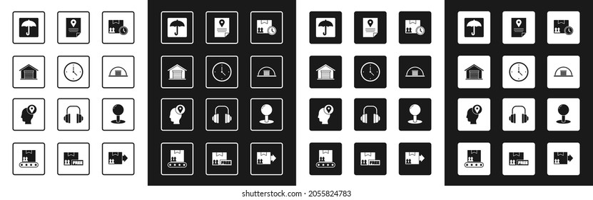 Set Cardboard box and fast time, Fast delivery, Warehouse, Umbrella, Hangar, Document tracking marker system, Push pin and Delivery man with cardboard boxes icon. Vector