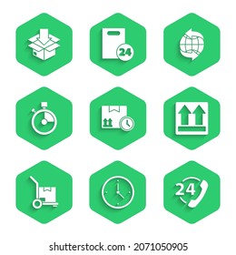 Set Cardboard box and fast time, Fast delivery, Telephone 24 hours support, This side, Hand truck boxes, Worldwide and with traffic symbol icon. Vector