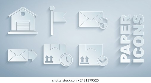 Set Cardboard box and fast time, Envelope with shield, Package check mark, Location marker and Warehouse icon. Vector