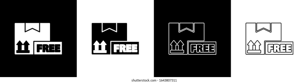 Set Cardboard box with free symbol icon isolated on black and white background. Box, package, parcel. Delivery, transportation and shipping.  Vector Illustration