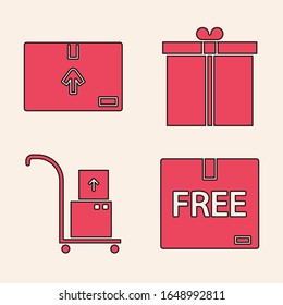 Set Cardboard box with free symbol , Cardboard box with traffic symbol , Gift box  and Hand truck and boxes  icon. Vector