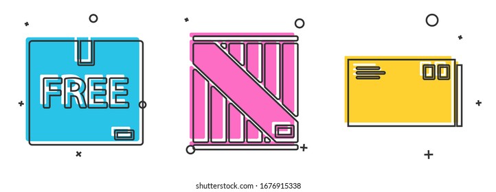 Set Cardboard box with free symbol , Wooden box  and Envelope  icon. Vector