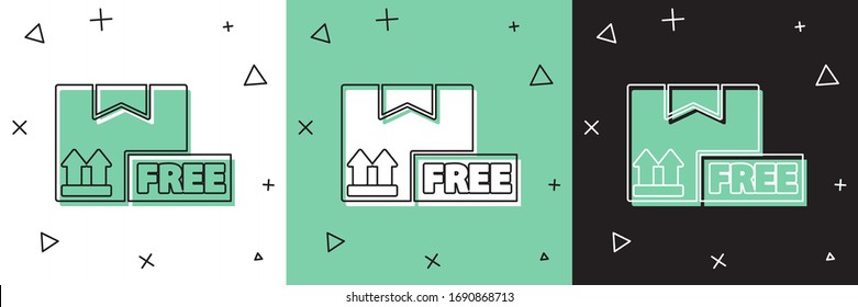 Set Cardboard box with free symbol icon isolated on white and green, black background. Box, package, parcel. Delivery, transportation and shipping.  Vector Illustration