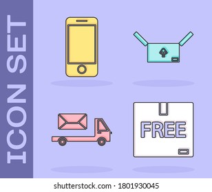 Set Cardboard box with free symbol , Mobile phone with app delivery tracking, Post truck  and Cardboard box with traffic symbol  icon. Vector
