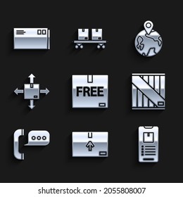 Set Cardboard box with free symbol, traffic, Mobile phone app delivery tracking, Wooden, Telephone speech bubble chat, Worldwide and Envelope icon. Vector