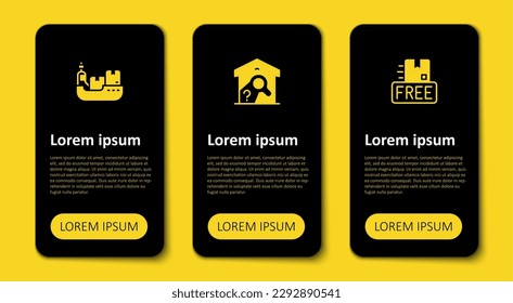 Set Cardboard box with free symbol, Warehouse check and Cargo ship boxes delivery. Business infographic template. Vector