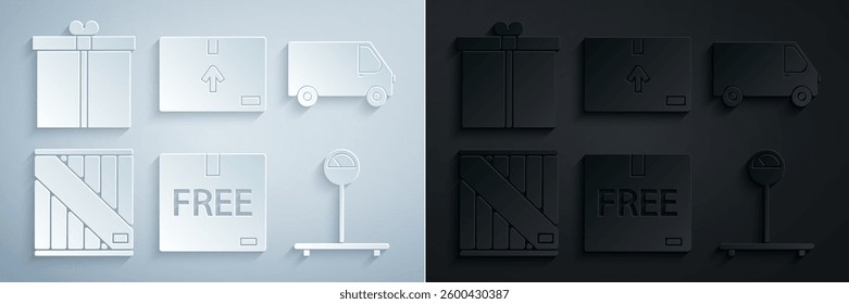 Set Cardboard box with free symbol, Delivery cargo truck vehicle, Wooden, Scale, traffic and Gift icon. Vector