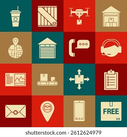 Set Cardboard box with free symbol, Support operator in touch, Delivery drone the package, Closed warehouse, , Coffee cup and Telephone speech bubble chat icon. Vector