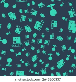 Set Cardboard box with free symbol, Push pin, Conveyor belt with cardboard box and Envelope on seamless pattern. Vector