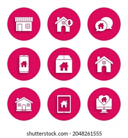 Establece la caja de cartón con casa, tablet y hogar inteligente, Monitor en forma de corazón, Casa, teléfono móvil, burbuja de habla de construcción e icono de tienda de compras. Vector