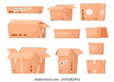 set of cardboard box isolated on white background. Carton delivery packaging