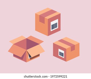 A set of cardboard box layouts. Open and closed boxes for post, packaging, gifts, delivery. Vector flat illustration.