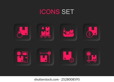 Set Cardboard box measurement, boxes on pallet, Carton cardboard, Scale with, Cargo ship delivery and Home services icon. Vector