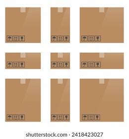 Conjunto de maquetas de cajas de cartón de diferente tamaño. Aislado sobre fondo blanco. Imágenes de cajas de embalaje de cartón vectorial.