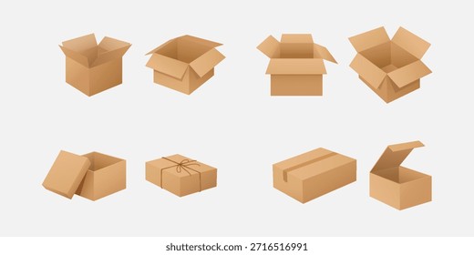 Conjunto de maquetas de caja de cartón de diferente tamaño. Aislado sobre fondo blanco. Imágenes de caja de embalaje de cartón de Vector.