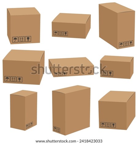 Set of cardboard box mockups different size. Isolated on white background. Vector carton packaging box images.