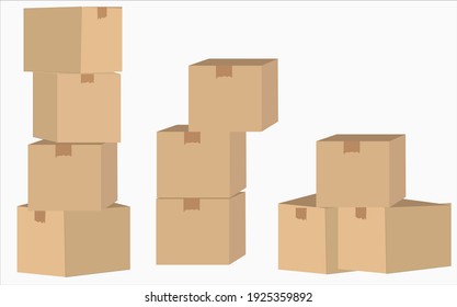 Set of cardboard box mockups. Isolated on white background. Vector carton packaging box images.