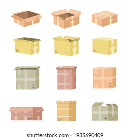 Grupo de maquetas de cajas de cartón. Aislado sobre fondo blanco. Imágenes de cajas de embalaje de cartón vectorial. EPS