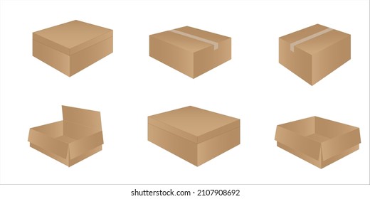 Set of cardboard box mockups. Isolated on white background. Vector carton packaging box images.