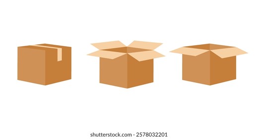 Set of cardboard box package symbols. Freight shipping box. Open and closed cartons. Vector illustration.