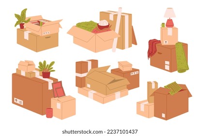 Set of cardboard box piles, flat vector illustration isolated on white background. Concepts of moving to new home or cargo shipping. Carton boxes stacks with household objects - plant, blanket, lamp.