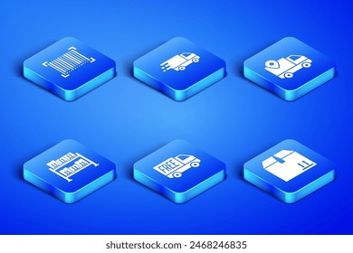 Set Cardboard box with traffic, Barcode, Free delivery service, Warehouse, Delivery truck in movement and tracking icon. Vector