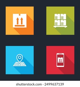 Caja de cartón con tráfico, cajas en palet, mapa de marcador de posición e ícono de seguimiento de App móvil. Vector