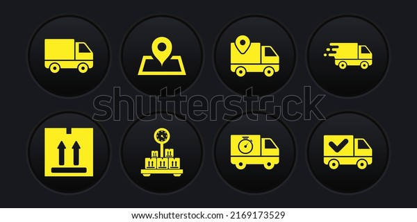 Set Cardboard box with\
traffic, Delivery truck in movement, Scale cardboard, and\
stopwatch, tracking, Placeholder on map, check mark and cargo\
vehicle icon. Vector