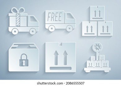 Set Cardboard box with traffic, Locked package, Scale cardboard, Free delivery service and Delivery truck gift icon. Vector