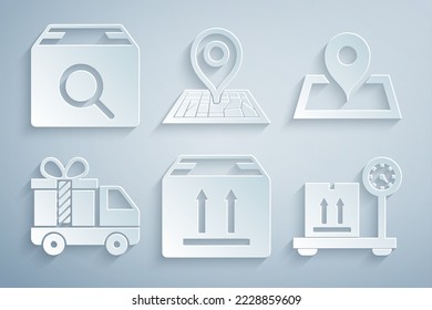 Set Cardboard box with traffic, Placeholder on map, Delivery truck gift, Scale cardboard, and Search package icon. Vector