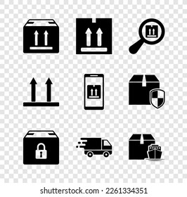Set Cardboard box with traffic, Search package, Locked, Delivery truck in movement, Cargo ship boxes, This side up and Mobile app tracking icon. Vector