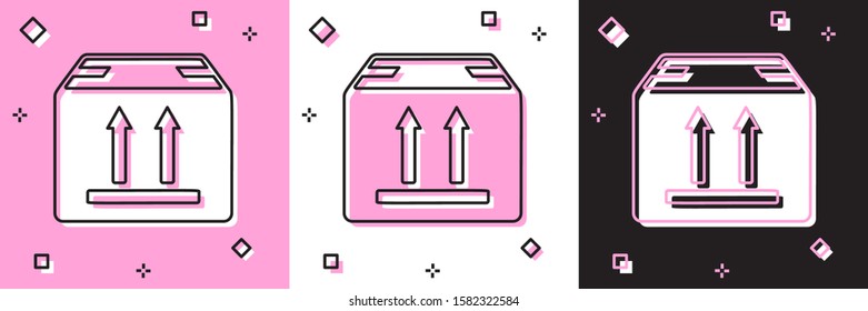 Set Cardboard box with traffic symbol icon isolated on pink and white, black background. Box, package, parcel sign. Delivery, transportation and shipping.  Vector Illustration