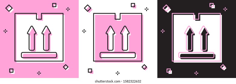 Set Cardboard box with traffic symbol icon isolated on pink and white, black background. Box, package, parcel sign. Delivery, transportation and shipping.  Vector Illustration