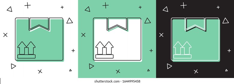Establecer cuadro de cartón con icono de símbolo de tráfico aislado en fondo blanco y verde y negro. Caja, paquete, paquete. Entrega, transporte y envío.  Ilustración vectorial