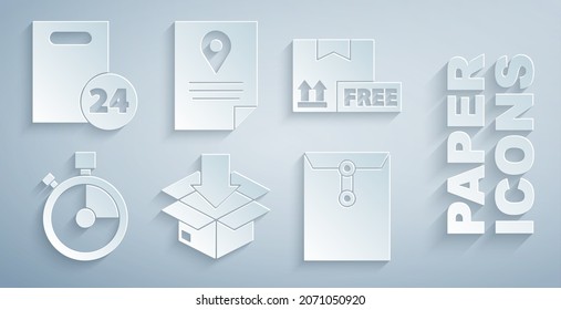 Set Cardboard box with traffic symbol, free, Fast time delivery, Envelope, Document tracking marker system and Delivery cardboard boxes icon. Vector