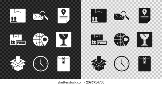 Set Cardboard box with traffic symbol, Envelope magnifying glass, Document tracking marker system, Fast time delivery, free and Location on the globe icon. Vector