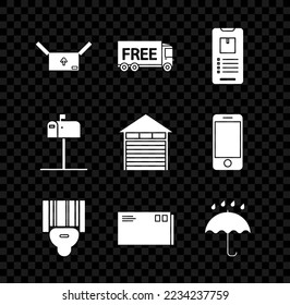 Set Cardboard box with traffic symbol, Free delivery service, Mobile phone app tracking, Scanner scanning bar code, Envelope, Umbrella and rain drops, Open mail and Closed warehouse icon. Vector