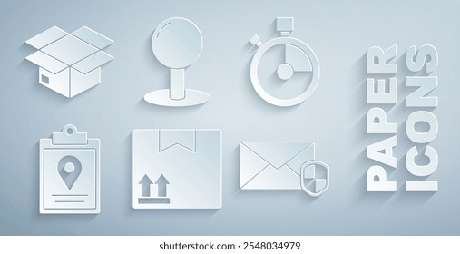 Set Cardboard box with traffic symbol, Fast time delivery, Document tracking marker system, Envelope shield, Push pin and Carton cardboard icon. Vector