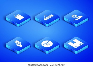 Set Cardboard box with traffic symbol, Paper shopping bag, Consumer or customer product rating, Hand holding credit card, Hanging sign Closed and coin money icon. Vector
