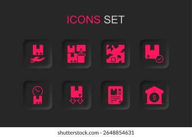 Set Cardboard box with traffic symbol, Warehouse boxes, Delivery hand, Waybill, Carton cardboard, price, Broken and clock icon. Vector